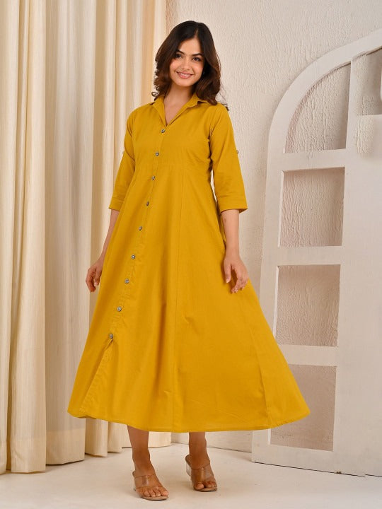 Yellow Cotton A-Line Midi Dress with Shirt Collar