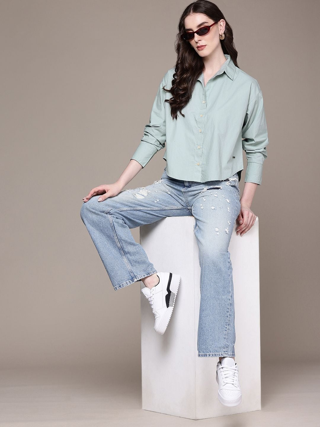 Purple Oversized Cotton Casual Shirt with Spread Collar