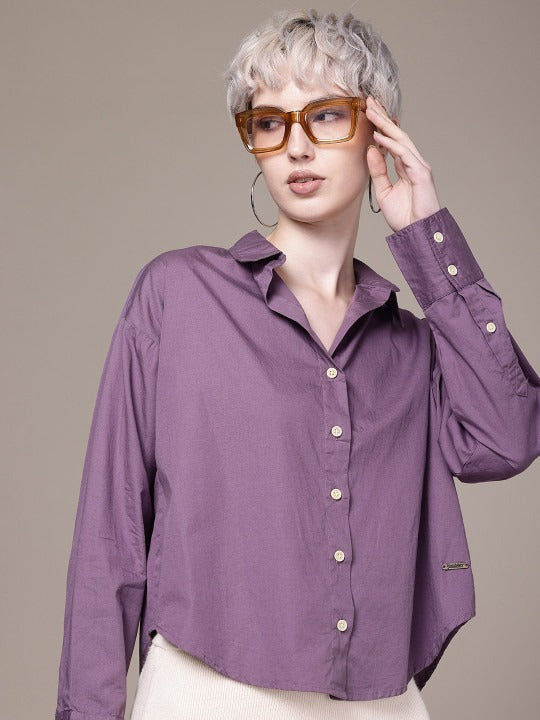 Purple Oversized Cotton Casual Shirt with Spread Collar