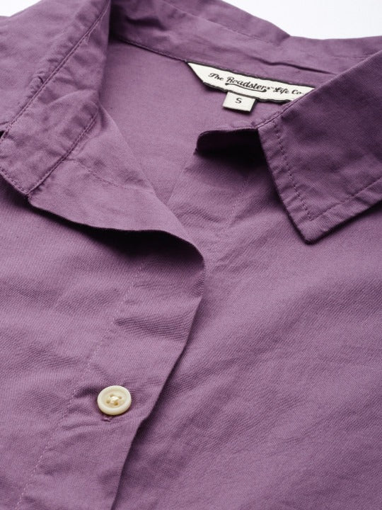 Purple Oversized Cotton Casual Shirt with Spread Collar