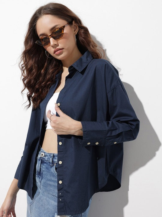 Purple Oversized Cotton Casual Shirt with Spread Collar