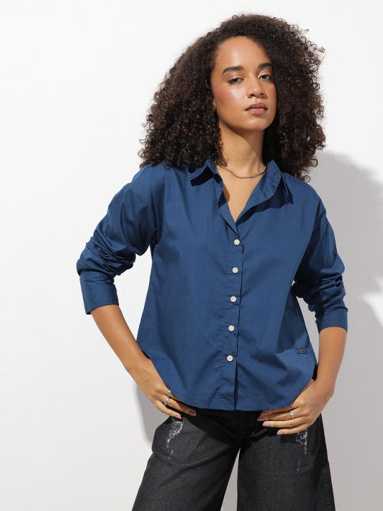 Purple Oversized Cotton Casual Shirt with Spread Collar