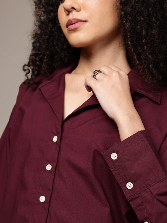 Purple Oversized Cotton Casual Shirt with Spread Collar