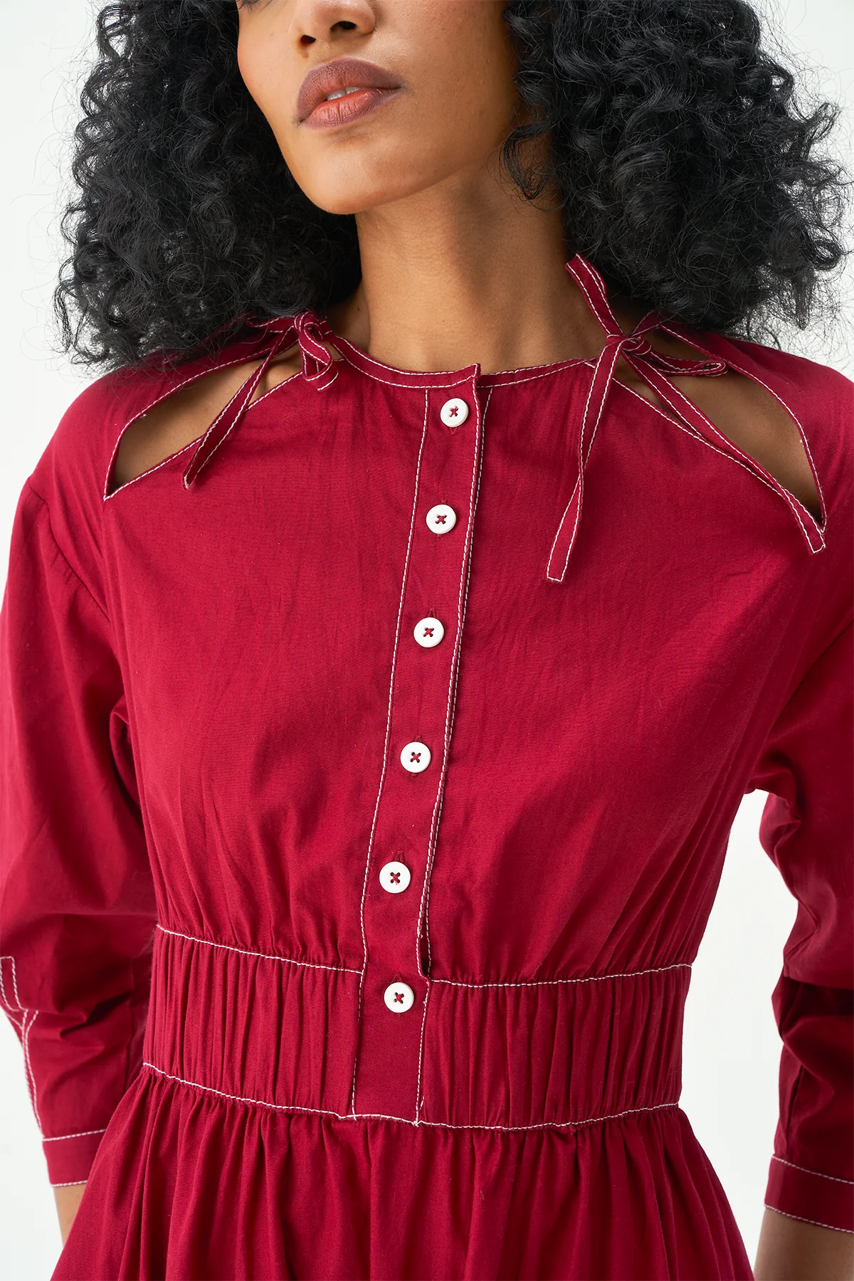 Marika Elasticated Waist Midi Dress with Cut-Out Neck