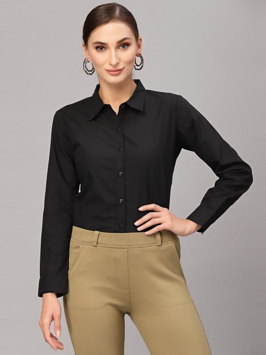 Black Cotton Regular Fit Formal Shirt with Spread Collar