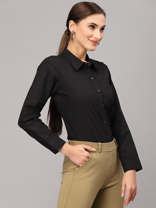 Black Cotton Regular Fit Formal Shirt with Spread Collar