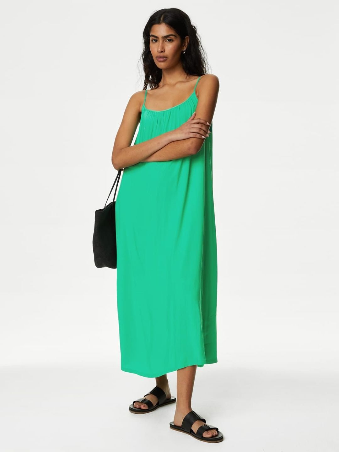 Green A-Line Midi Shift Dress with Shoulder Straps