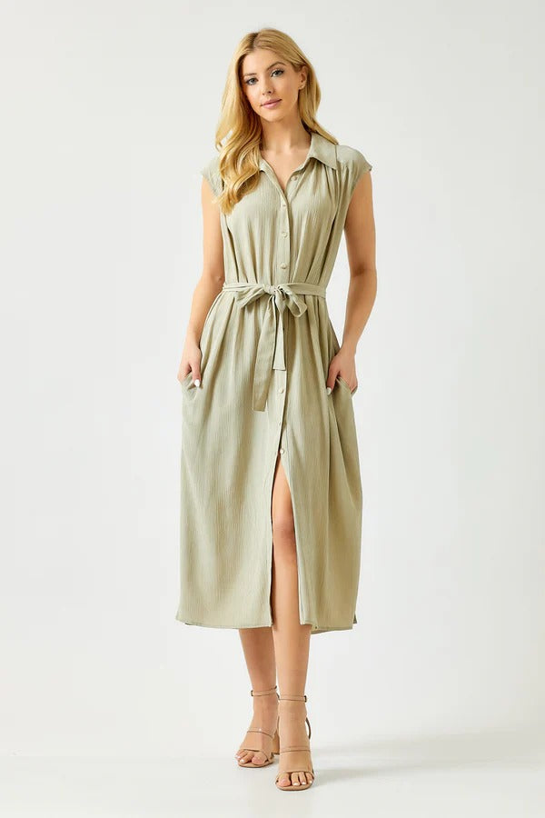 Cap Sleeve Maxi Shirt Dress with Waist Tie