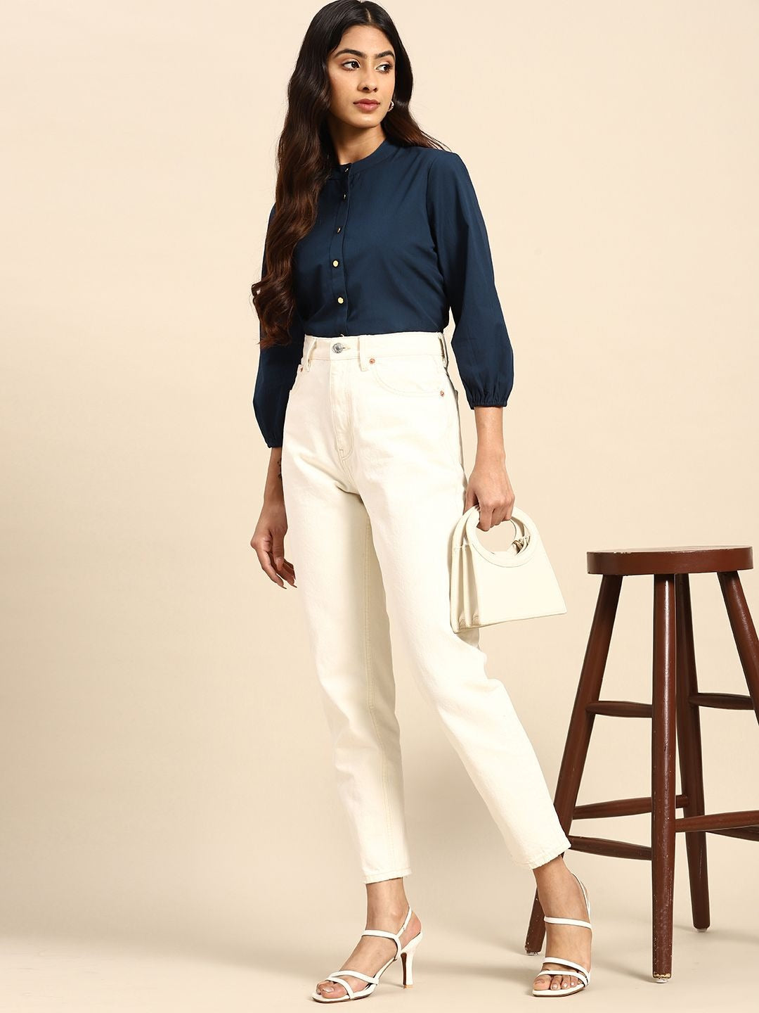 Navy Blue Cotton Casual Shirt with Mandarin Collar