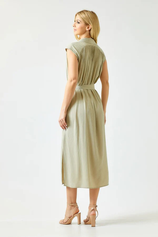 Cap Sleeve Maxi Shirt Dress with Waist Tie