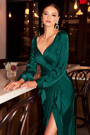 Maxi Satin Long Sleeve Pleated Dress