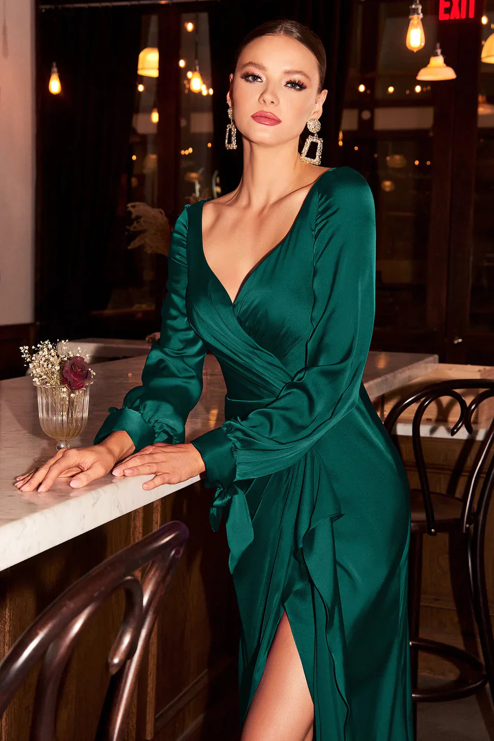 Maxi Satin Long Sleeve Pleated Dress