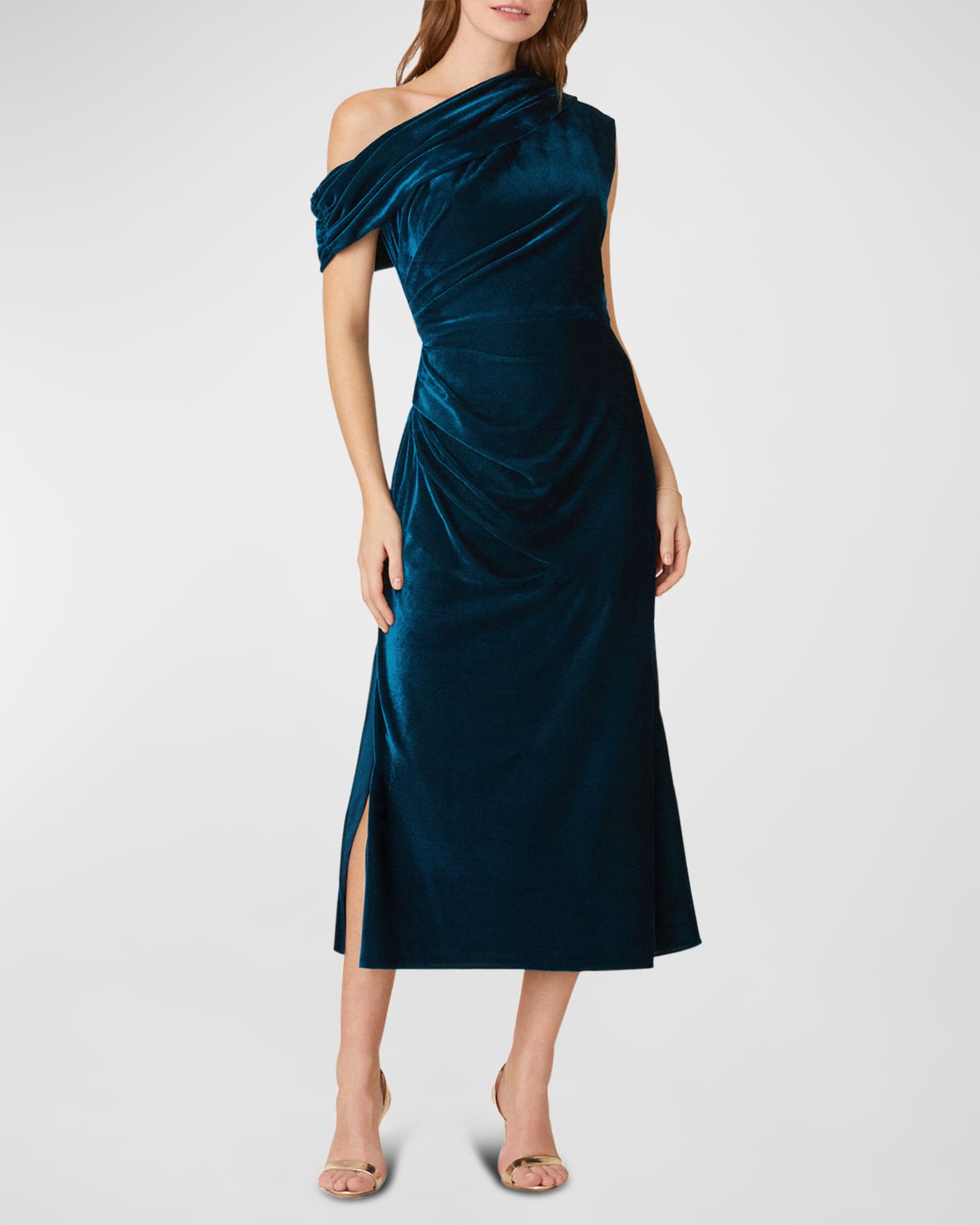 Stunning One Shoulder Pleated Velvet Midi Dress