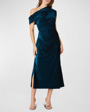 Stunning One Shoulder Pleated Velvet Midi Dress