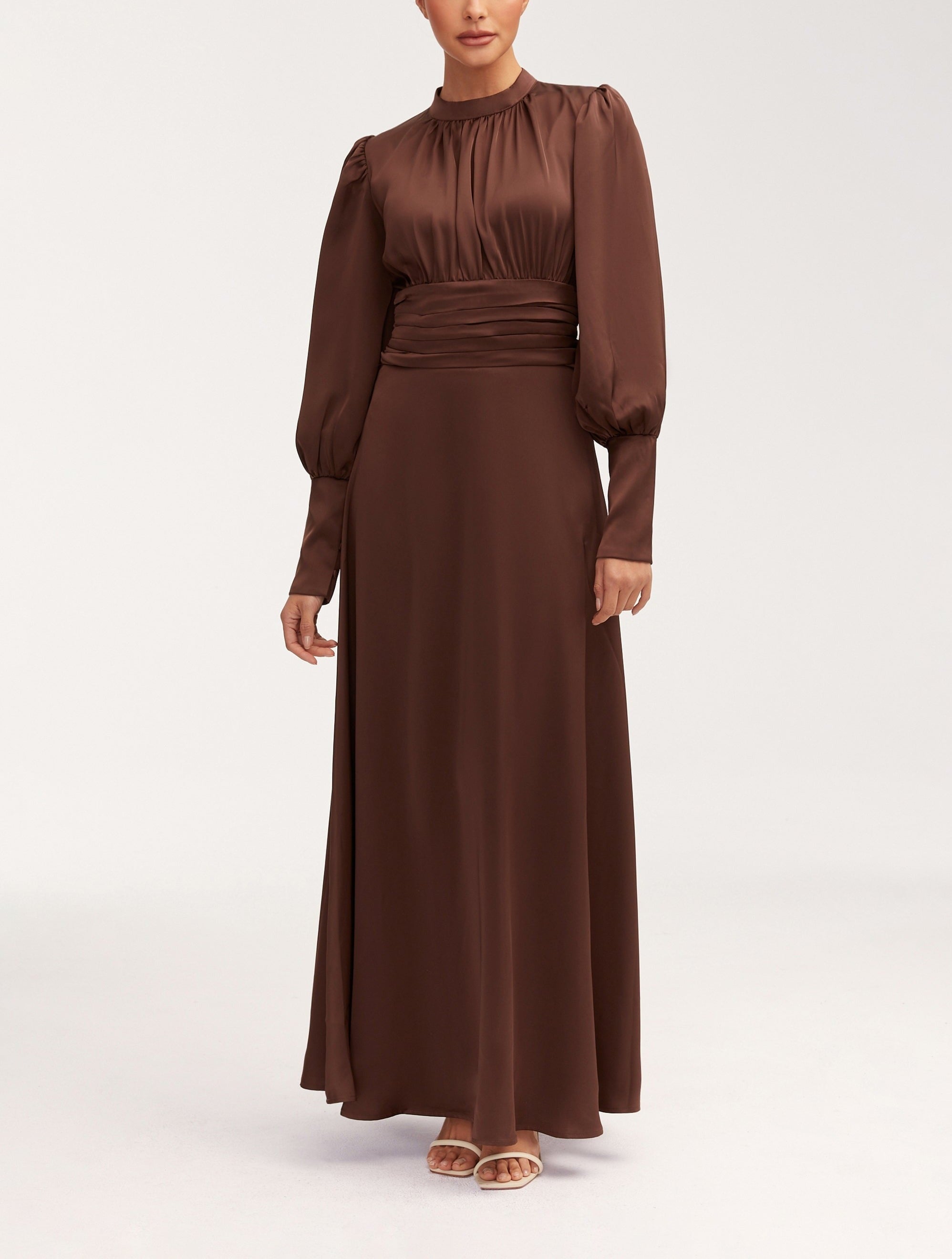 Modest / Muslim Pleated Waist Satin Maxi Dress