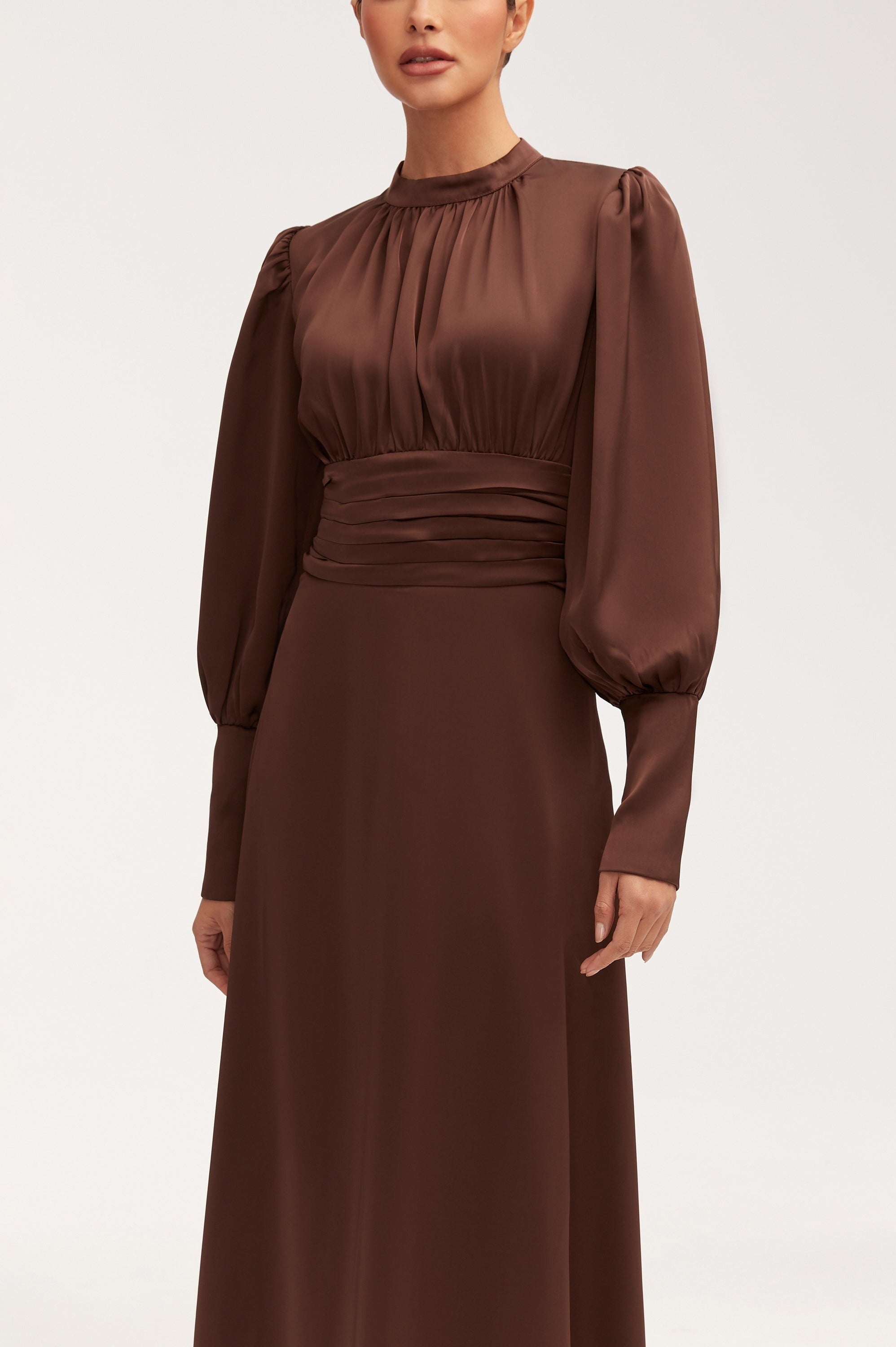 Modest / Muslim Pleated Waist Satin Maxi Dress