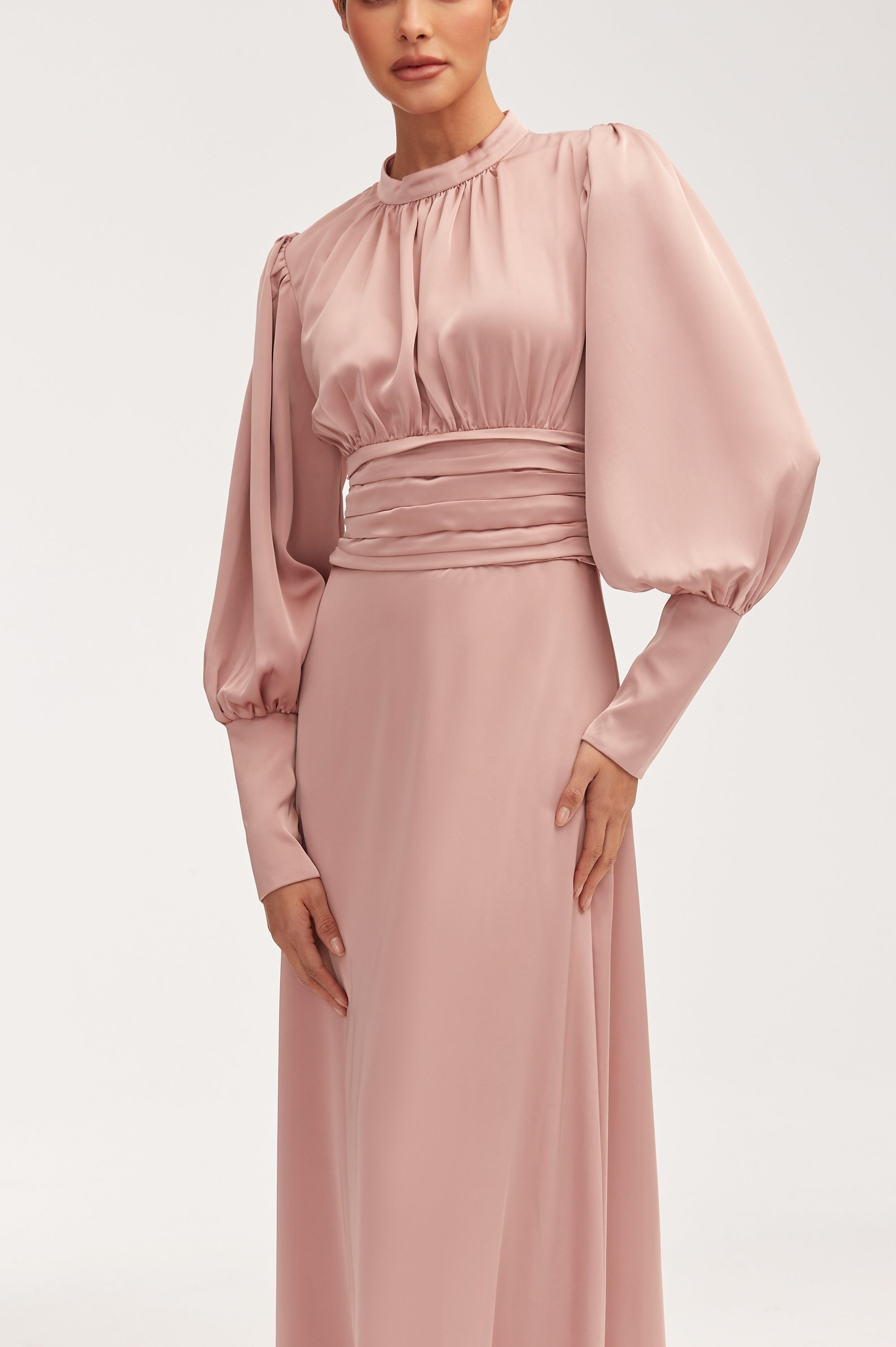 Modest / Muslim Pleated Waist Satin Maxi Dress