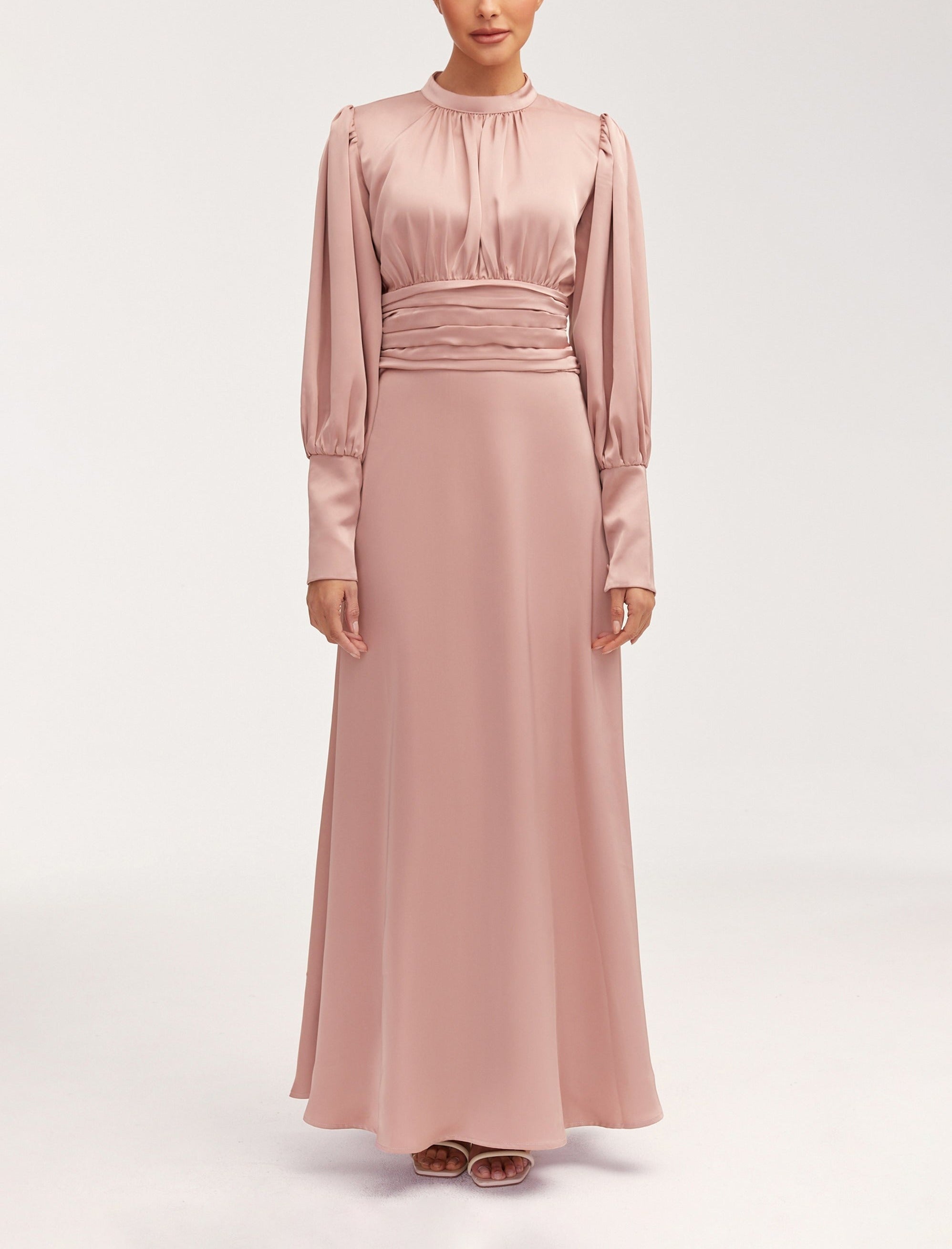 Modest / Muslim Pleated Waist Satin Maxi Dress