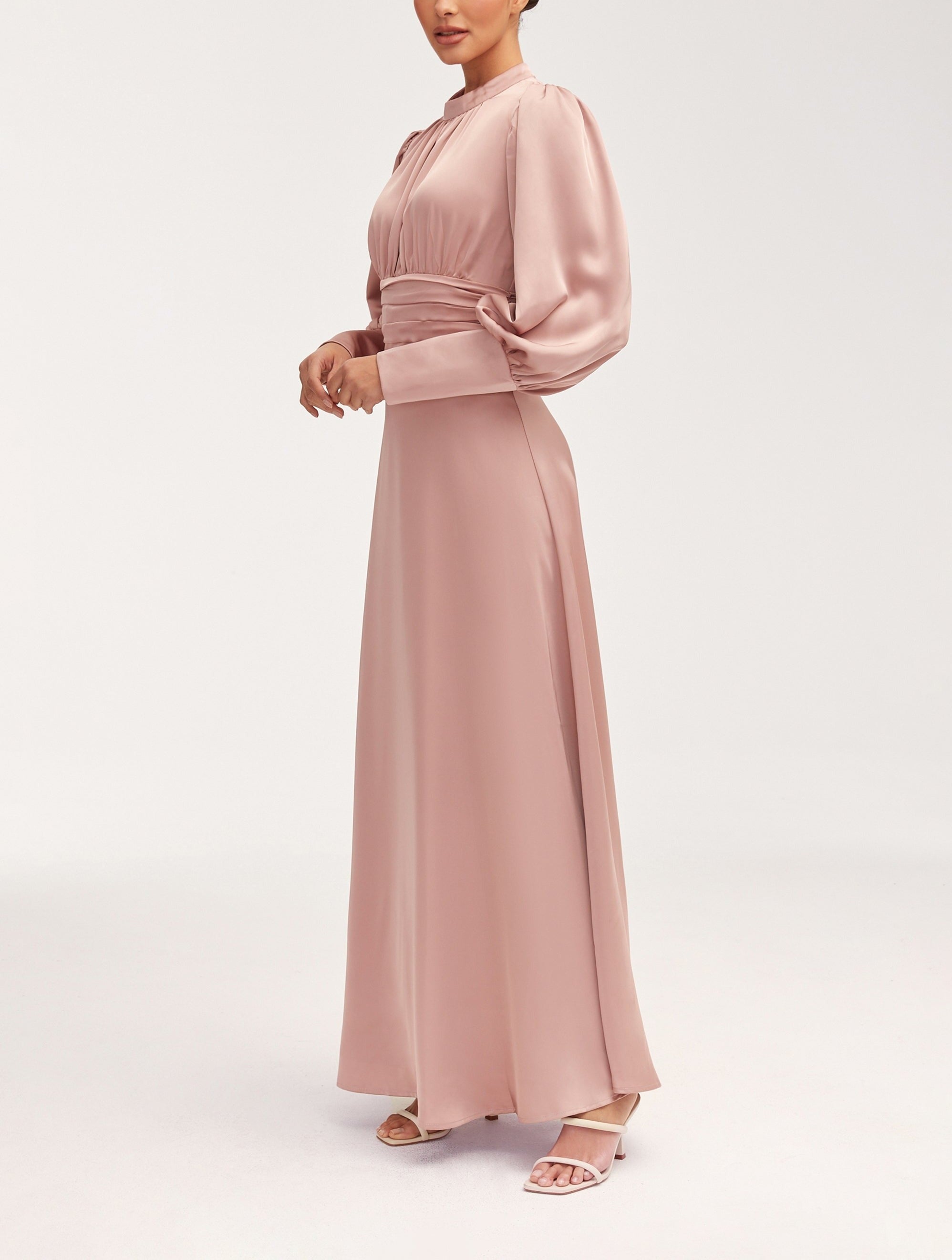 Modest / Muslim Pleated Waist Satin Maxi Dress