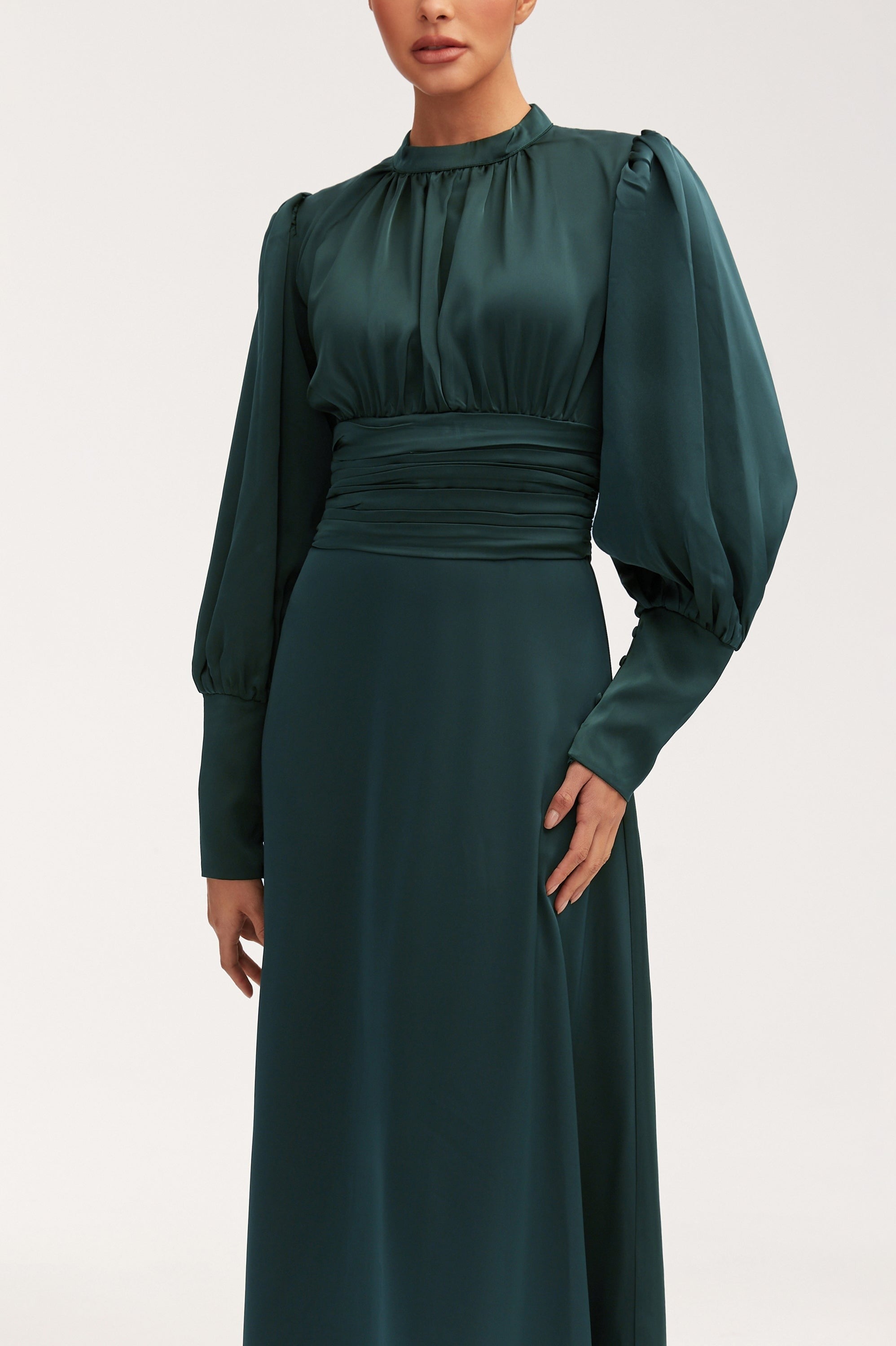 Modest / Muslim Pleated Waist Satin Maxi Dress