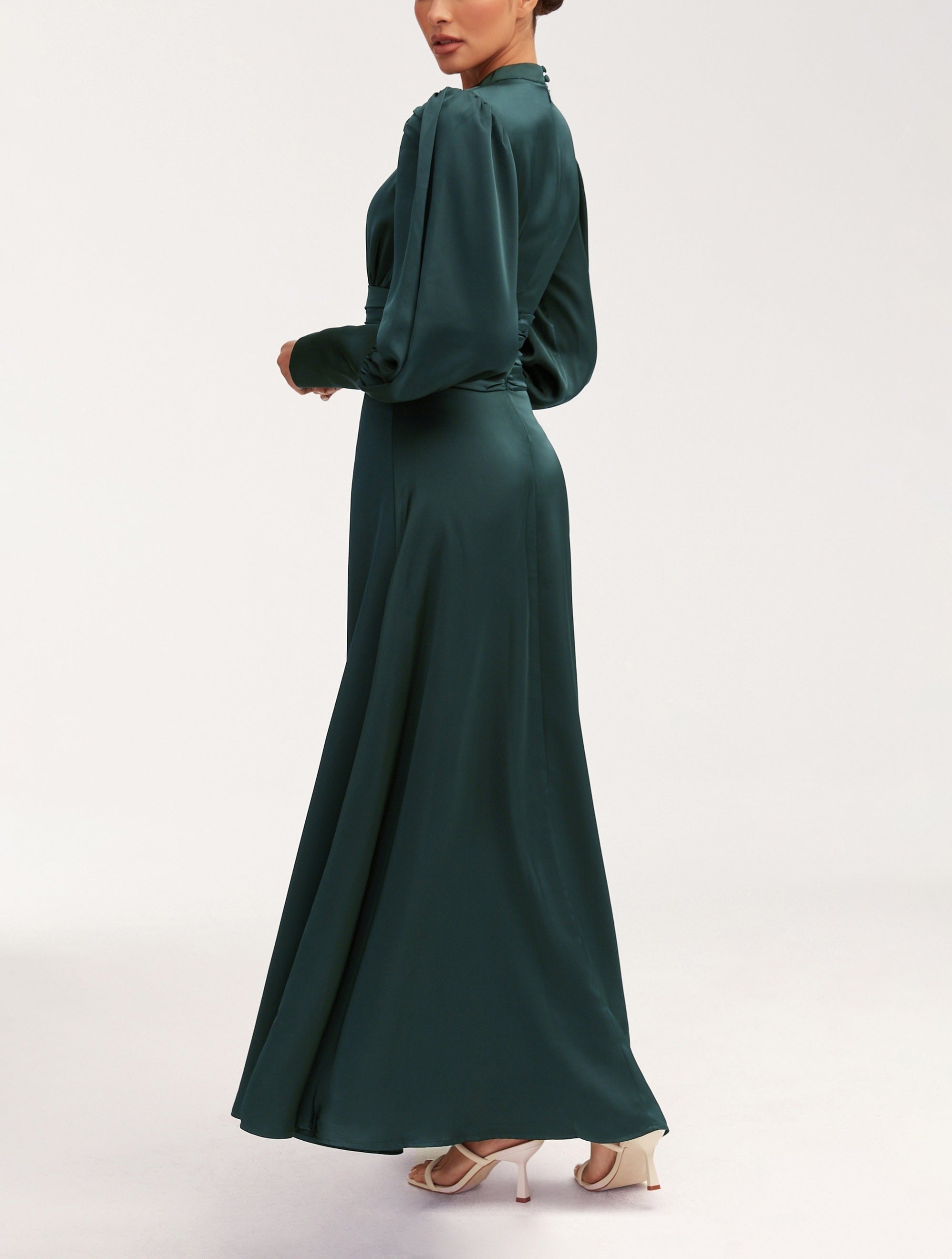Modest / Muslim Pleated Waist Satin Maxi Dress