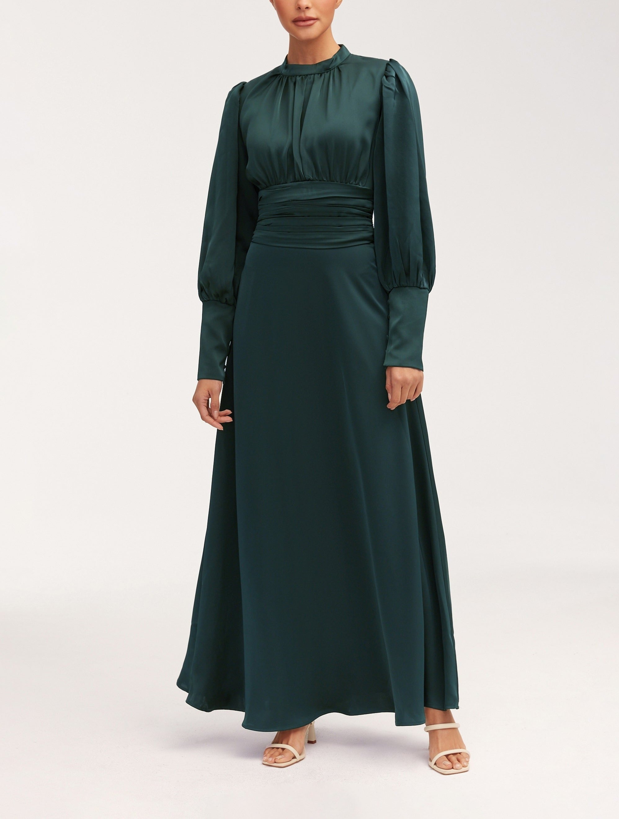 Modest / Muslim Pleated Waist Satin Maxi Dress