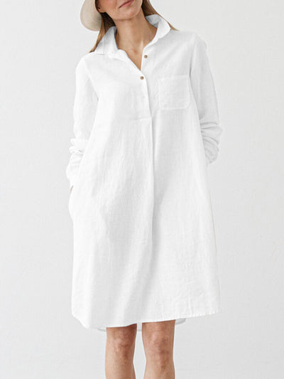 Women Solid Pocket Long Sleeve Lapel Vintage Dress